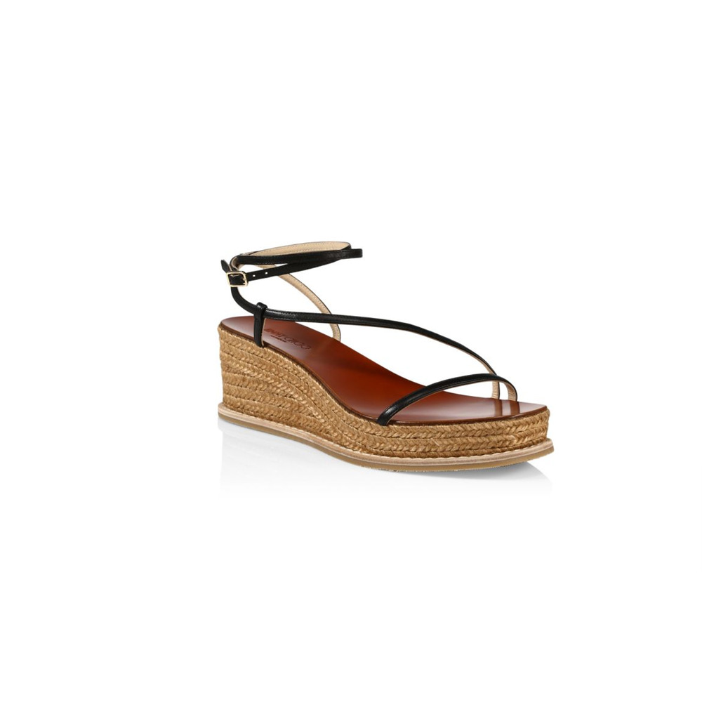 Jimmy Choo Black Leather Strappy Espadrille Wedge Sandals